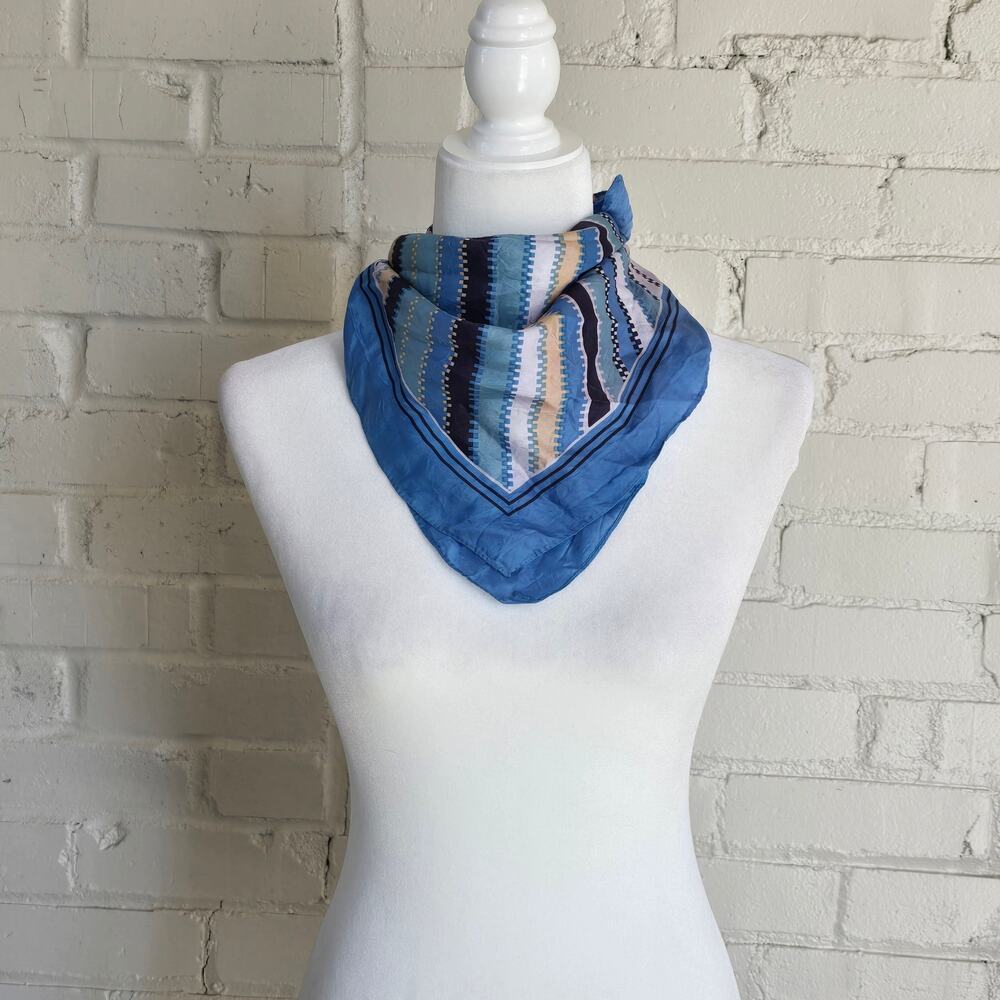 ​Vintage Blue Geometric Striped Square Scarf  | Retro 24" Square Scarf | Boho